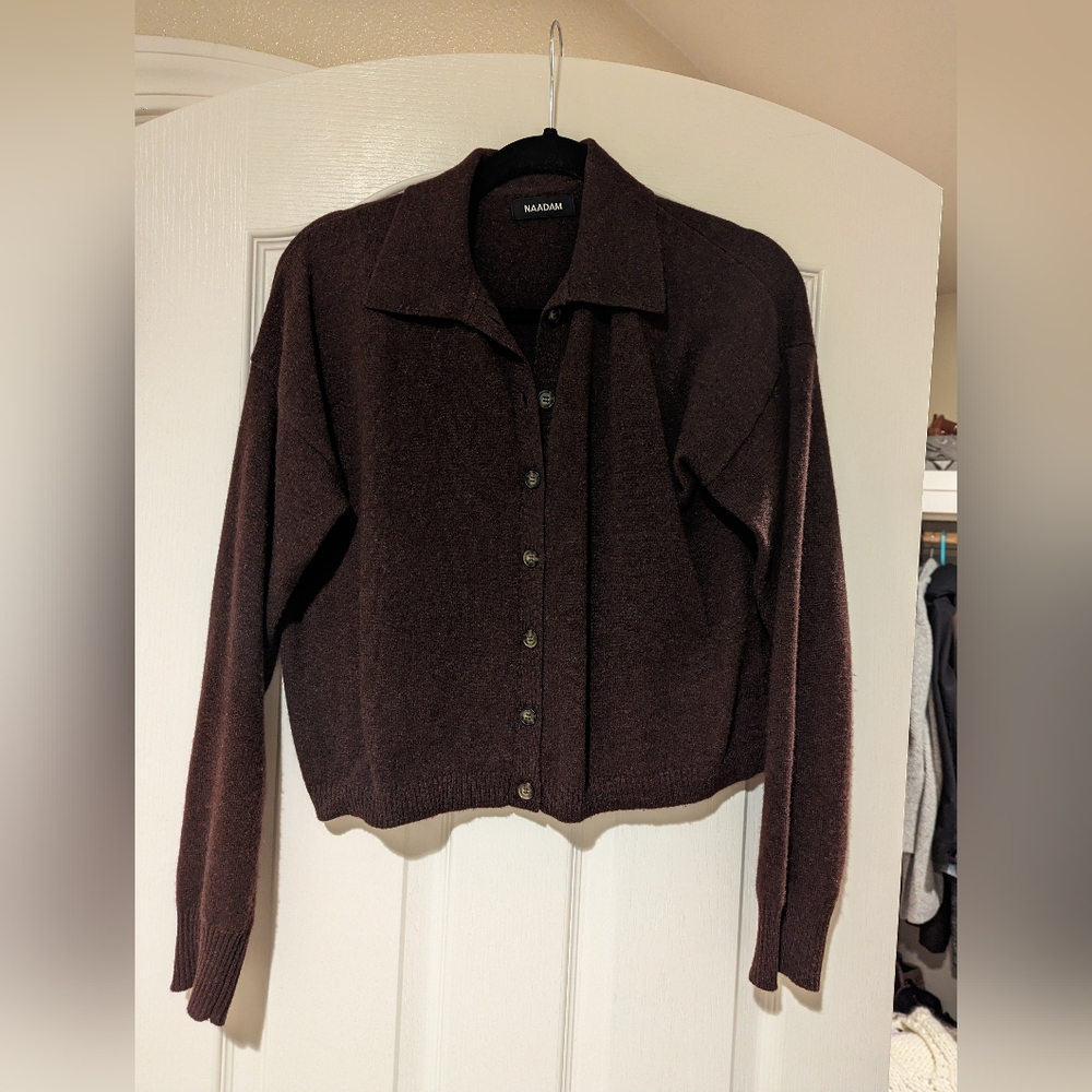 NAADAM Truffle Color Cashmere Collared Crop Sweater, Size S
